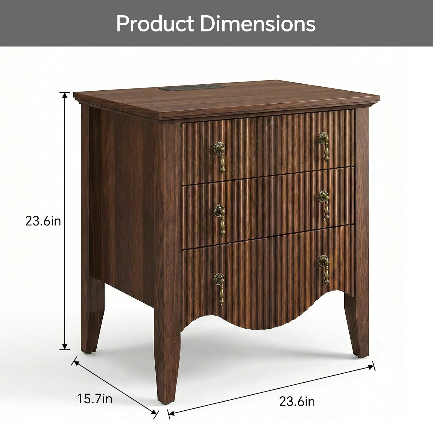 FUSUNBAO Set of 2 Nightstands with Charging Station&3 Fluted Drawers,Walnut | Vintage Bedside Table, 3 Fluted Drawers and Open Shelf, Rustic End Table, Power Outlet and USB Ports, For Bedroom