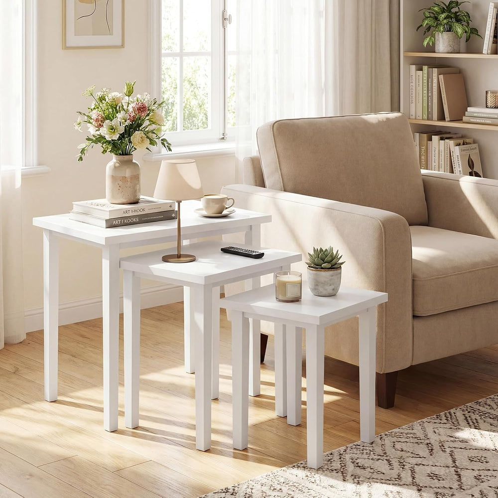 Giantex Nesting Tables Set of 3, Farmhouse Stacking Side Table with Rubber Le...