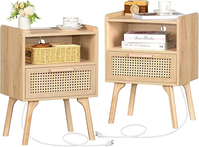 Lerliuo Rattan Nightstands Set of 2 with Charging Station, Boho Side Table wi...