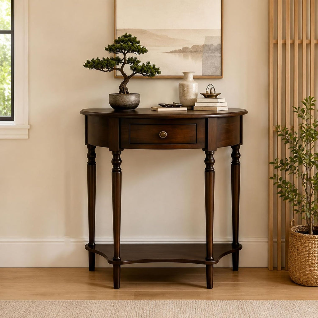 Half Moon Console Table with Drawer & Shelf, Half Round Wood Entryway Table, Narrow Small Console Table for Hallway, Foyer, Living Room & Small Spaces, （Dark Walnut 23.6IN）