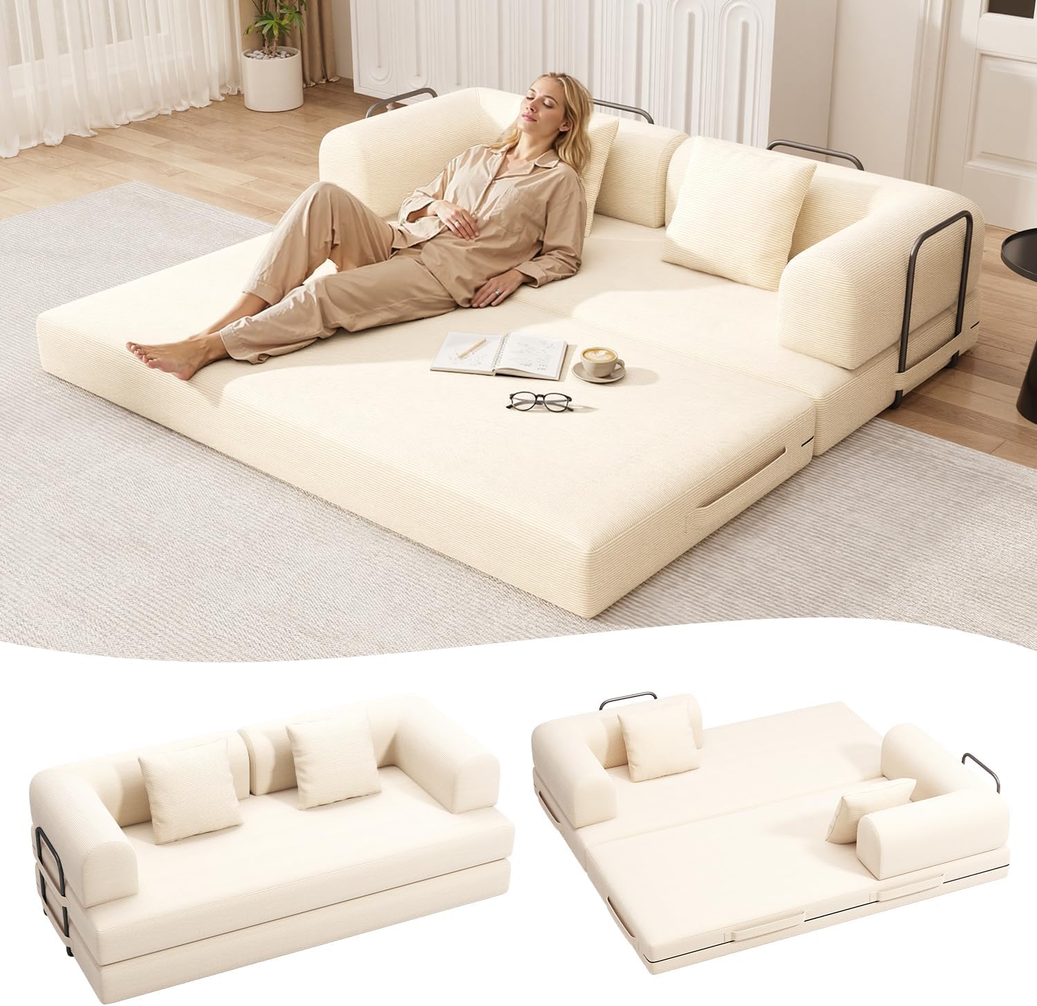 78.8" Convertible Sofa Bed, 5-in-1 Boneless Couch, No Assembly,Cream | Corduroy Boneless Loveseat Sleeper Sofa,Boneless Chair for Living Room,Futon Sleeper Couch with Removable Armrests & Pillows