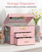 TORIBIO Jewelry Box for Women, Leather Jewelry Organizer with Mirror & Lock, 3-Tier Jewelry Storage Organizer with 2 Drawers for Girls/Women/Mothers, Necklace Earring Bracelets Holder Organizer