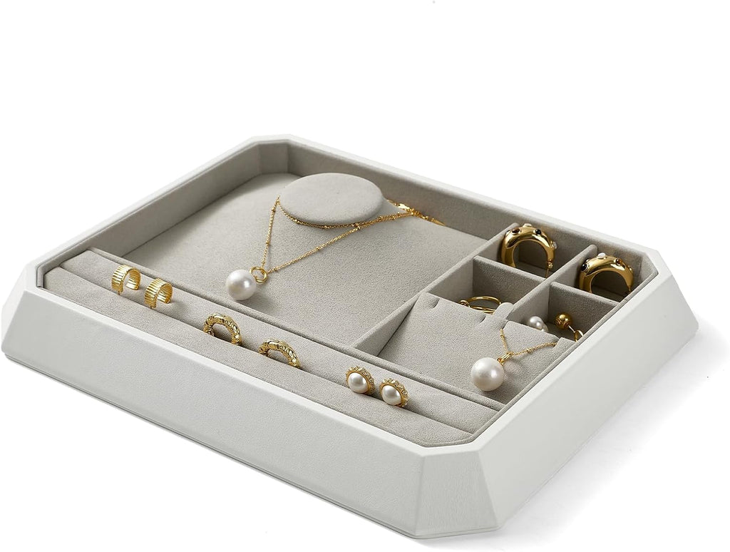 PU Leather Multifunctional Jewelry Display Tray Stackable Jewelry Organizer Tray for Accessory Trade showcase(Grey)