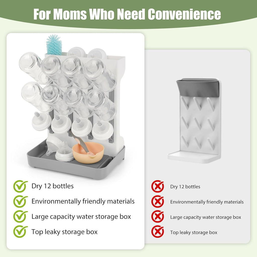Baby Bottle Drying Rack, Space Saving Baby Bottle Organizer for Countertop, Vertical Bottle Dryer Holder with Brushes Holder, Large Bottle Storage Holder 12 Bottles & Baby Accessories Grey