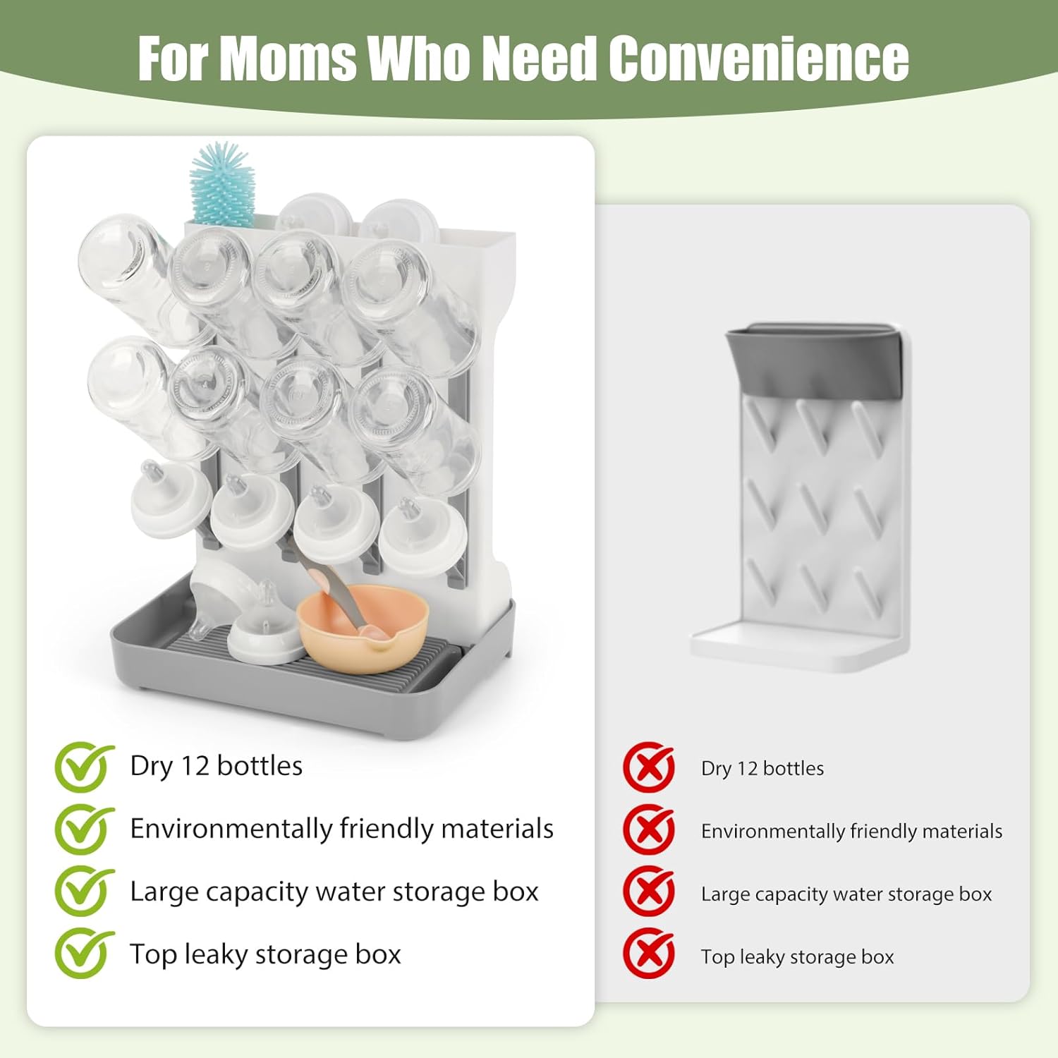 Baby Bottle Drying Rack, Space Saving Baby Bottle Organizer for Countertop, Vertical Bottle Dryer Holder with Brushes Holder, Large Bottle Storage Holder 12 Bottles & Baby Accessories Grey
