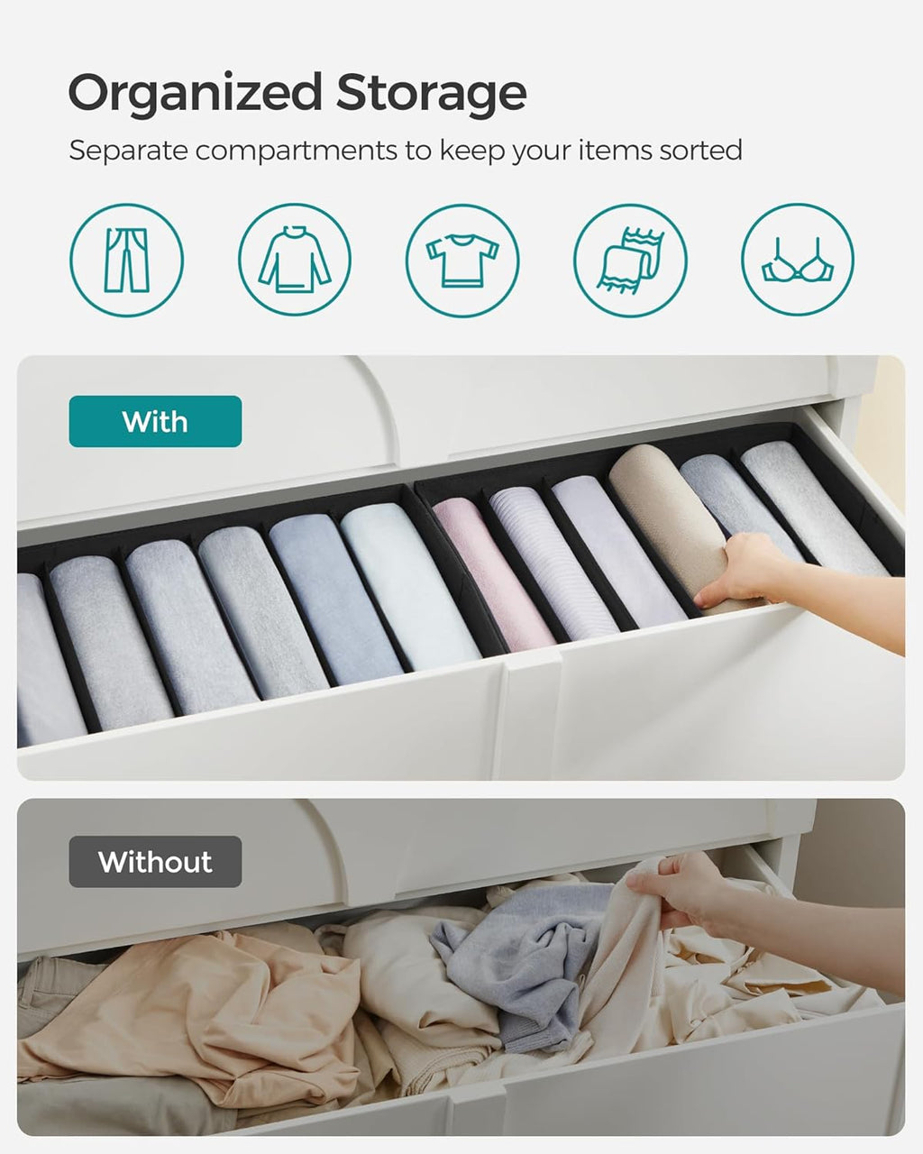 SONGMICS Set of 4 Large Size Wardrobe Clothes Organizers, 6-Compartment Foldable Drawer Organizers with Handles, 16.5 x 11.8 x 6.7 Inches, for Pants, Sweaters, Jeans, Ink Black URUS009B04