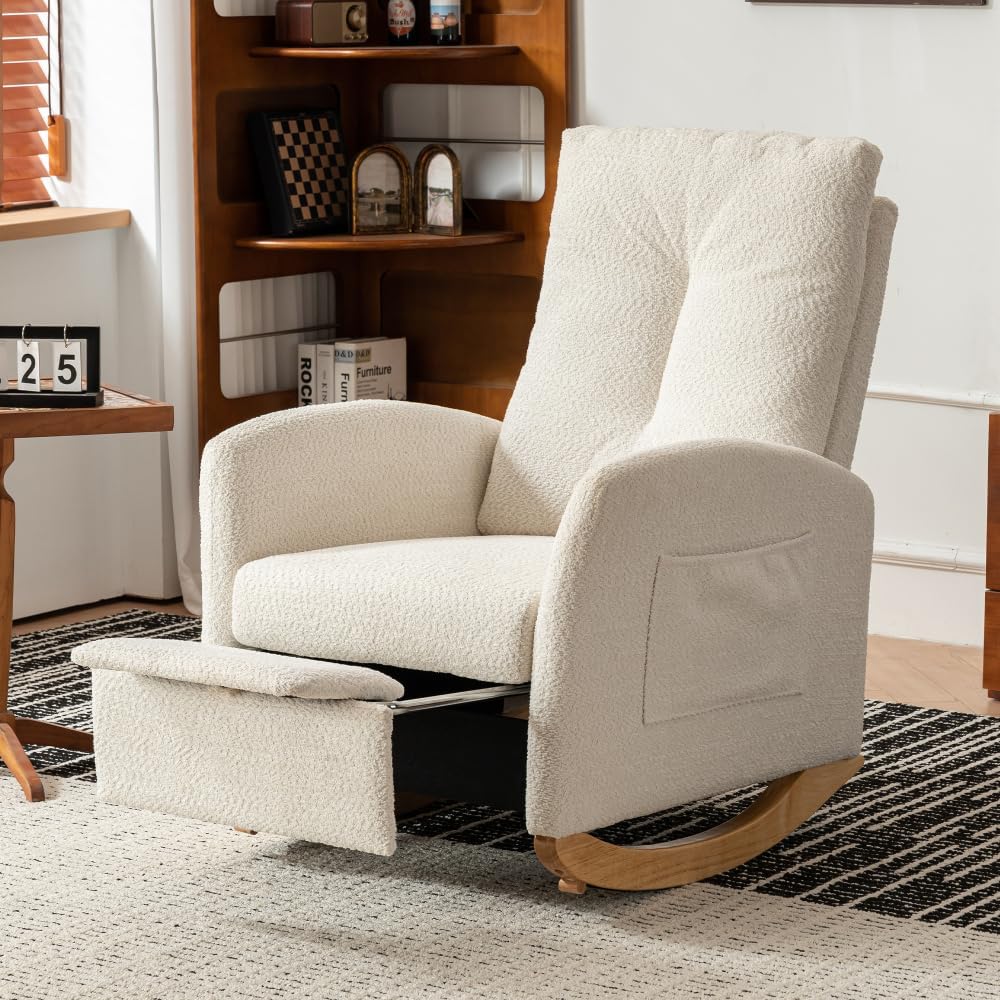 Chair with Footrest High Back Rubber Wood Rocking Legs Bedroom Living Space (...