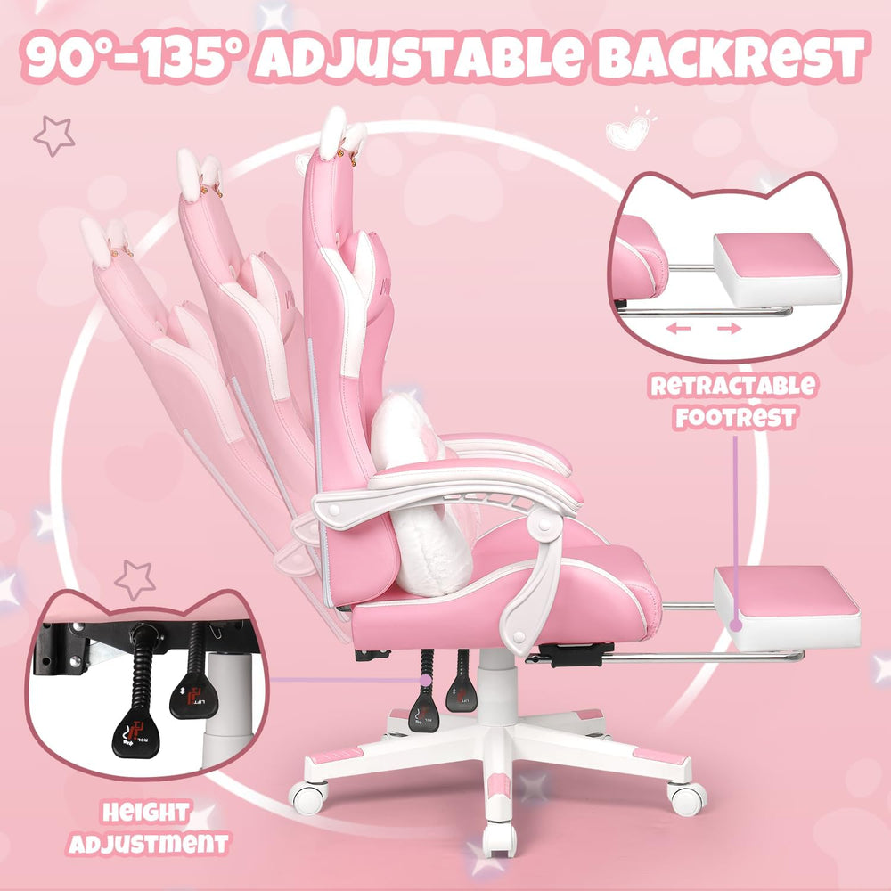 Pink Gaming Chair with Cat Ears & Footrest, Ergonomic Gaming Computer Des...