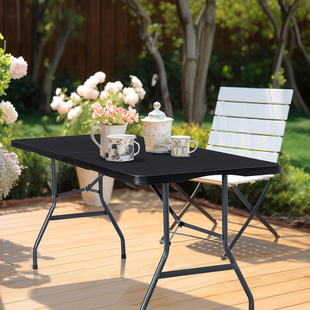 Folding Table 6ft, Heavy Duty Plastic Fold-in-Half Utility Table, Black | Por...