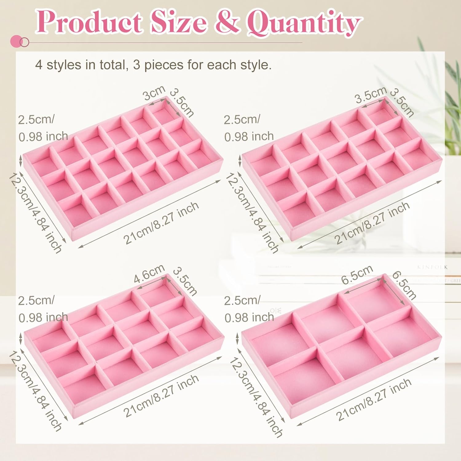 Junkin 12 Pcs Jewelry Tray Velvet Stackable Jewelry Organizer Trays Divided Earring Accessories Storage Containers Box (Rose Red)