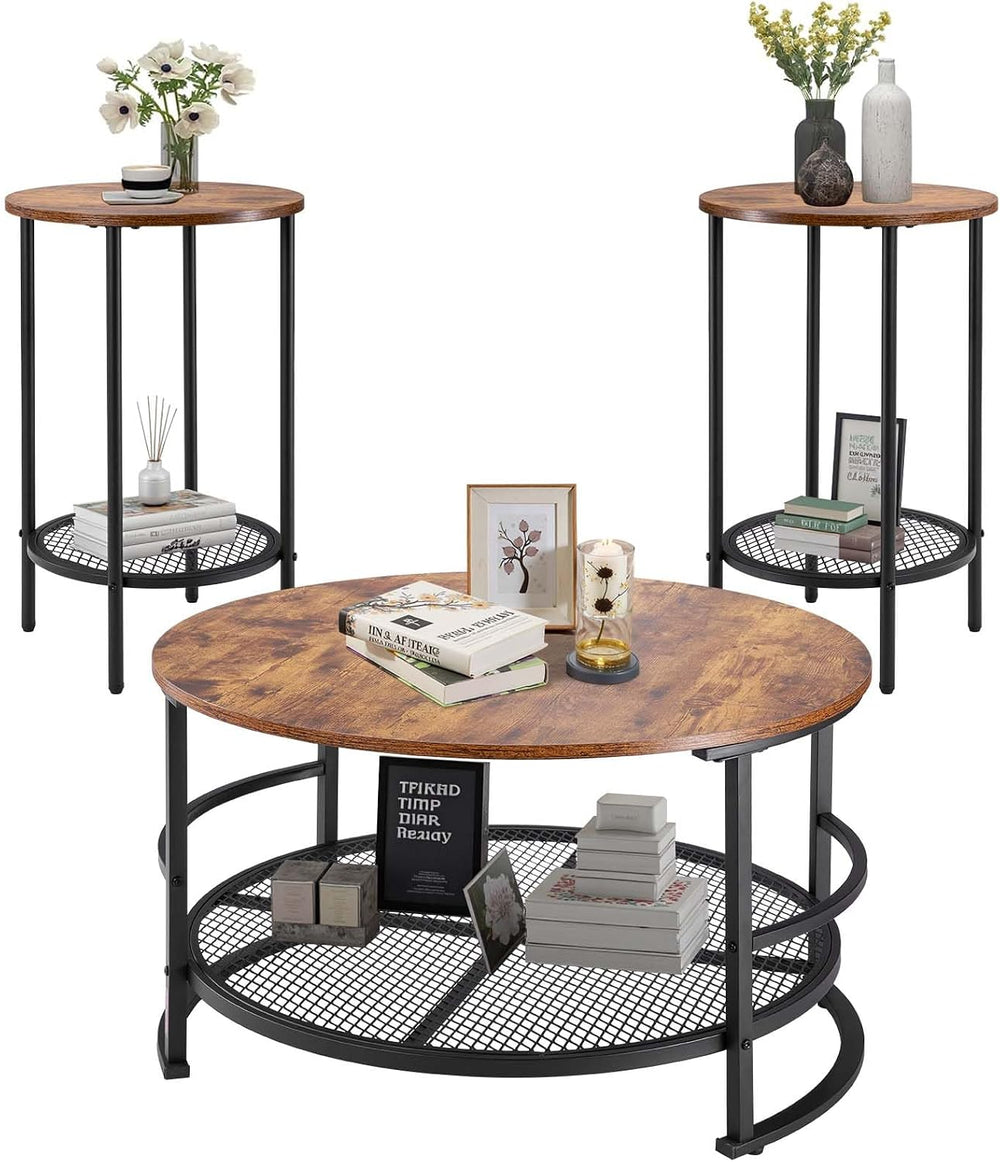 VEVOR 3 Pieces Round Coffee Table Sets, 31.5 in Industrial Living Room Table ...