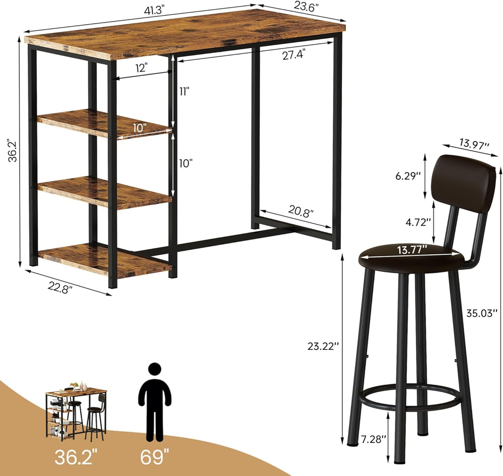 Recaceik Pub Dining Table Set for 2, Table and Bar Stools with 3 Storage Shel...