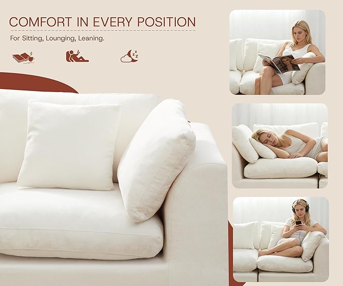 110'' Oversized Cloud Sectional Boneless Couch for Living Room, Modern Big Compressed L Shape Couch with Ottoman & 2 Throw Pillows, Comfy Chenille Deep Seat Memory Foam Spineless 4 Seater Sofa,Beige | Washable Covers, Premium Chenille, Versatile Style,...