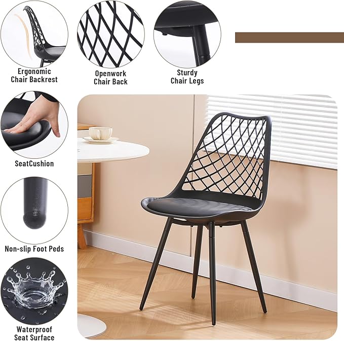 Set of 4 Modern Dining Chairs - Plastic Kitchen Shell Chairs with PU Leather Cushion Padded Seat - Mesh Design Side Chair for Indoor/Outdoor Dining Room Living Room Cafe Restaurant and Office -Black