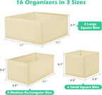 Drawer Clothing Organizer 16-Pack, Beige 3-Size Underwear Drawer Dividers, Fabric Folding Wardrobe Organizer for Baby Clothes, Bras, Underwear, Panties, Belts, Socks, Ties, etc.