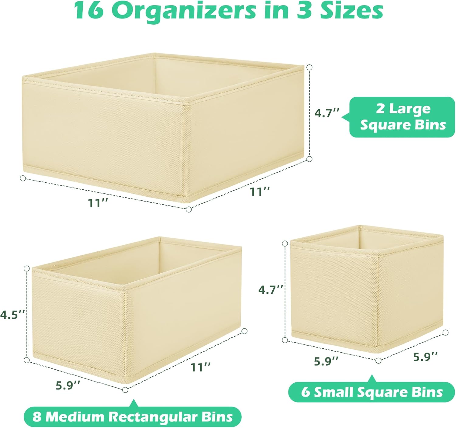Drawer Clothing Organizer 16-Pack, Beige 3-Size Underwear Drawer Dividers, Fabric Folding Wardrobe Organizer for Baby Clothes, Bras, Underwear, Panties, Belts, Socks, Ties, etc.