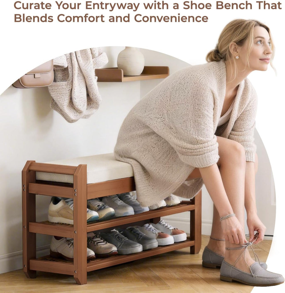 27.6" Bamboo Shoe Bench with Cushion, 5 Hooks Coat Rack, 2-Tier Storage ...