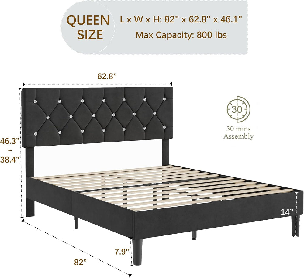 VECELO Queen Size Bed Frame, Upholstered Platform with Adjustable Diamond Tuf...