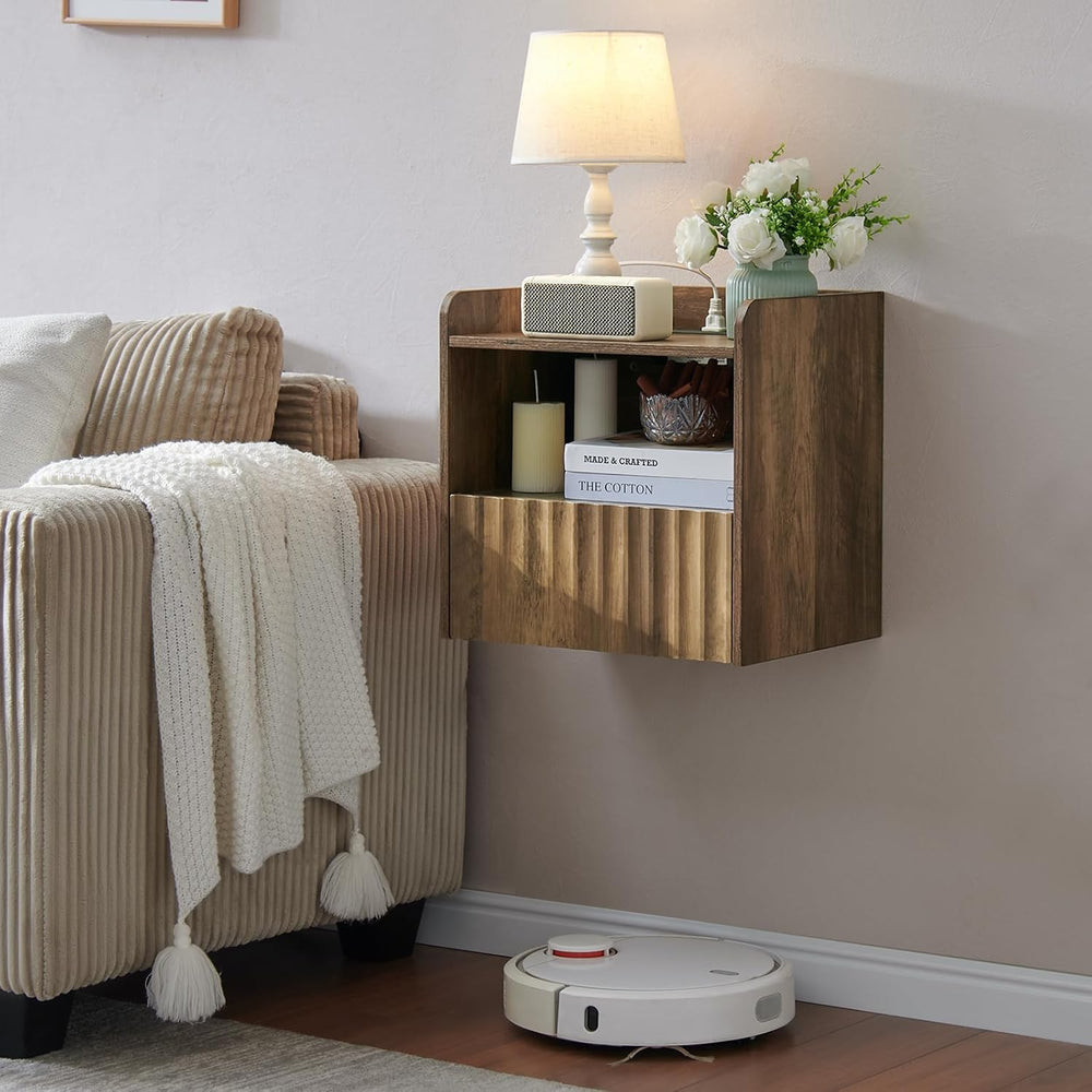 Modern Fluted Floating Nightstand Wall Mounted - Bedside Table with Storage D...