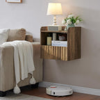 Modern Fluted Floating Nightstand Wall Mounted - Bedside Table with Storage Drawer & Display Shelf, Minimalist Bedroom Furniture for Studio Apartments(Rustic Brown)