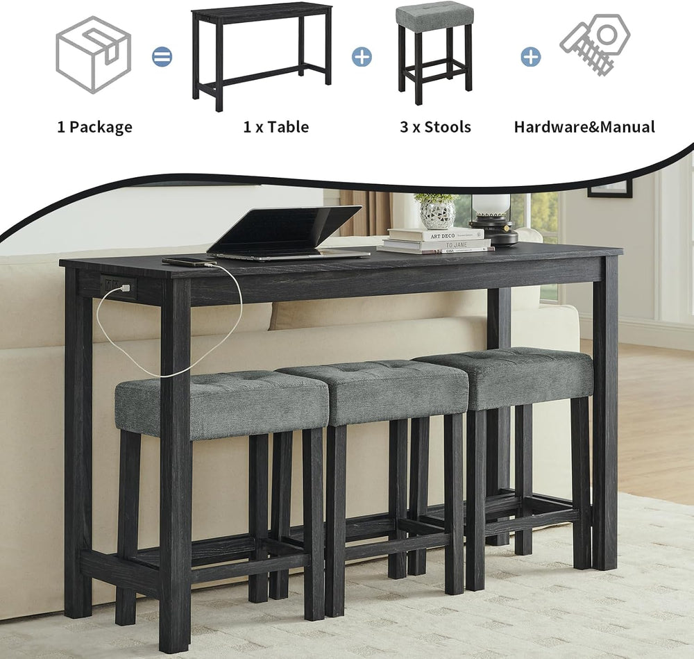 59" Industrial 4 Piece Bar Table Set with Built-in Power Outlet, Behind ...
