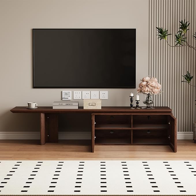 XEW Extendable TV Stand with Storage and Shelves, Wood Entertainment Center for 55+ Inch TV, Modern TV Console, Minimalist Media Console for Living Room, Bedroom-Walnut (Extendable: 78.7"-110")