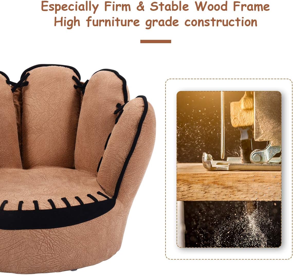 Costzon Kids Couch with Solid Wood Frame & Baseball Glove Design, Children Armchair for Play Room, Nursery, Kindergarten, Kids Room, Gift for Boys & Girls (Brown)