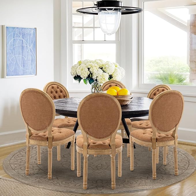 PU Leather Upholstered Dining Chairs Set of 6 French Country Round Back Kitchen Side Chairs with Nailhead Trim and Wood Legs for Dining Room, Kitchen, Restaurant(Orange)