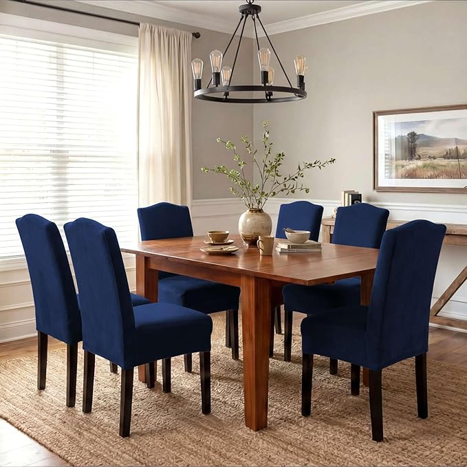 H.VERSAILTEX Velvet Dining Chair Covers Stretch Chair Covers for Dining Room Set of 6 Parson Chair Slipcovers Chair Protectors Covers Dining, Soft Thick Solid Velvet Fabric Washable, Navy