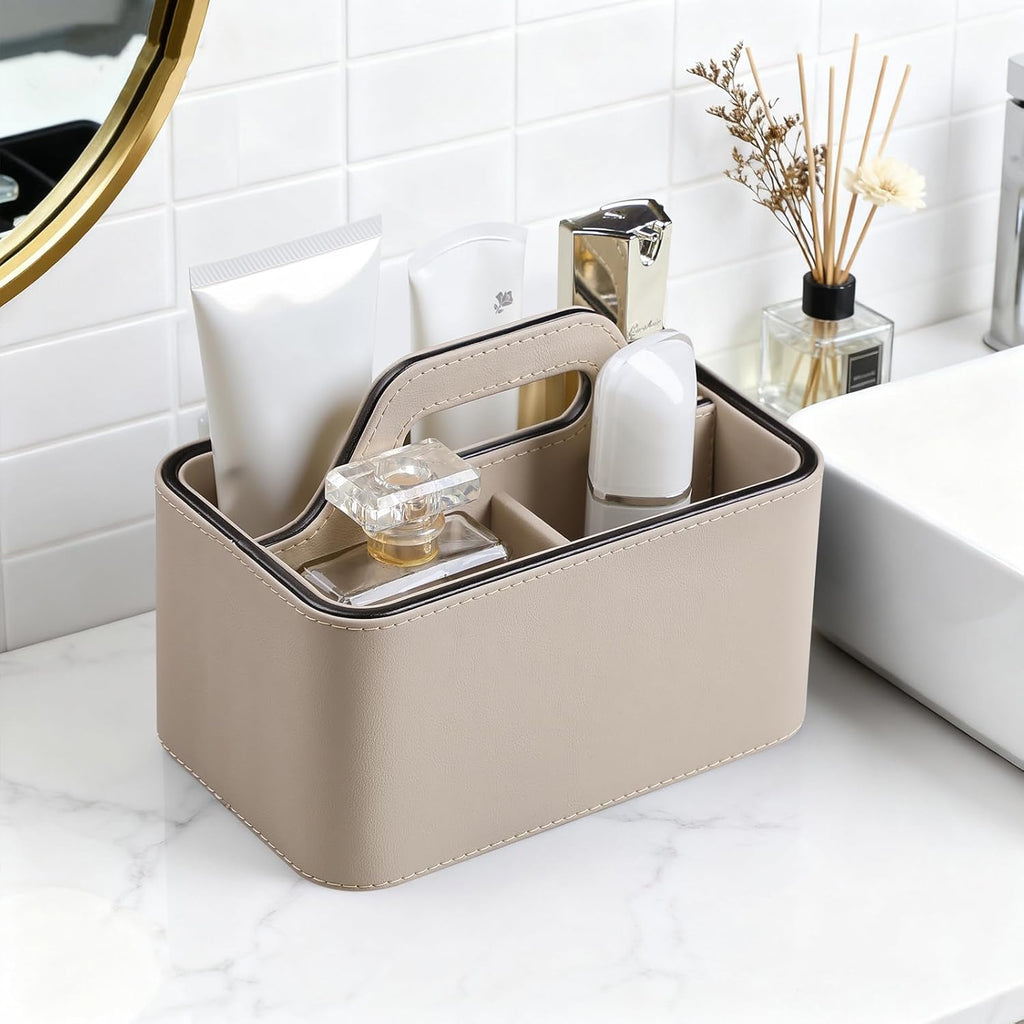 Caddy Organizer with Handle, PU Leather Remote Control Holder Desk Caddy, Portable Makeup Office Supply Organizer for Bathroom, Nightstand, Dresser (Beige)