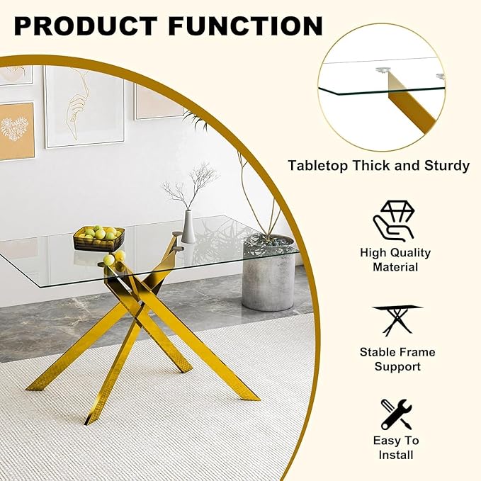 51 Inch Glass Dining Table Set for 4, Rectangular Glass Kitchen Table with 4 Upholstered Velvet Accent Chairs, 5 Piece Modern Dining Room Set, for Home, Apartment, Small Spaces - Blue Gold