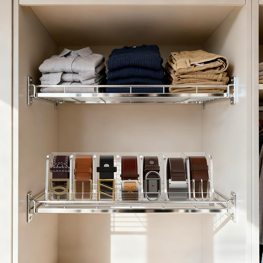 NIUBEE Belt Organizer - Acrylic Belt Storage Holder with 7 Compartments and Display Stand