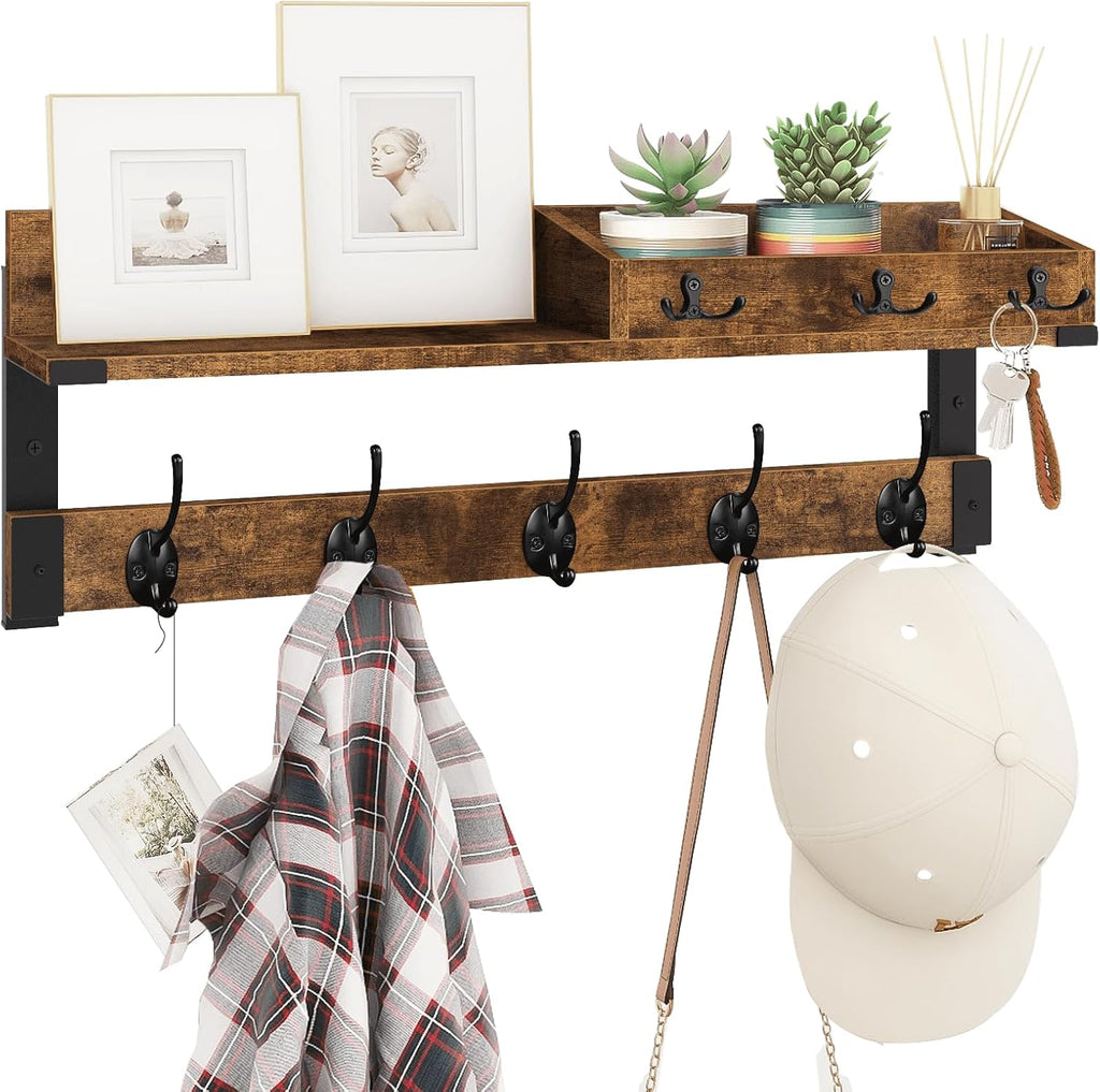 Homode Coat Rack with Shelf, Wall Shelf with Hooks, 26 Inch Long Coat Hanger Wall Mount with Key and Mail Holder, Wood Entryway Shelves for Hanging Hat Jacket Backpack Purse, Rustic Brown Black