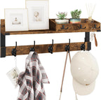 Homode Coat Rack with Shelf, Wall Shelf with Hooks, 26 Inch Long Coat Hanger Wall Mount with Key and Mail Holder, Wood Entryway Shelves for Hanging Hat Jacket Backpack Purse, Rustic Brown Black
