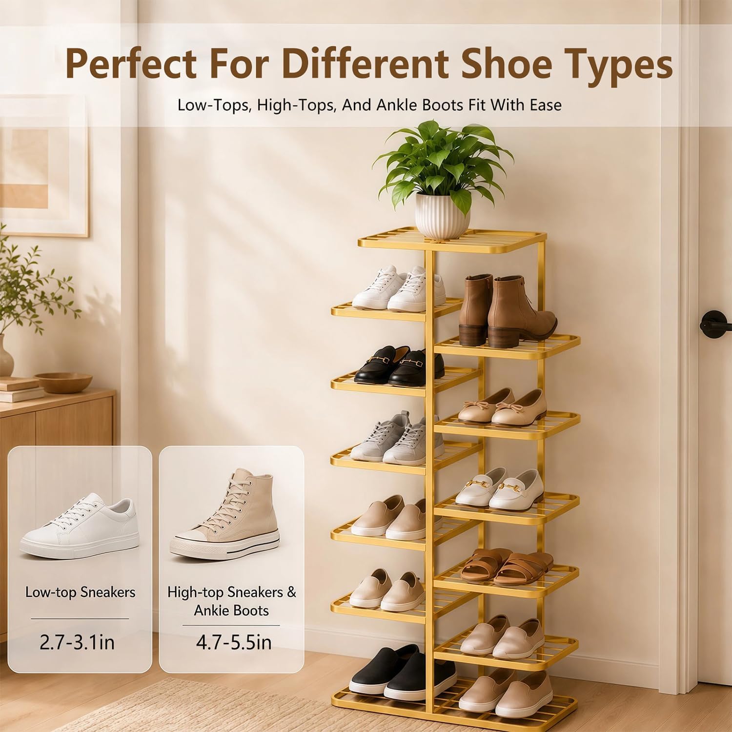 7 Tier Vertical Shoe Rack for Closet - Tall Narrow Metal Shoe Storage Tower with Staggered Shelves, Freestanding Shoe Organizer Stand for Entryway, Hallway, Bedroom and Small Spaces, Gold
