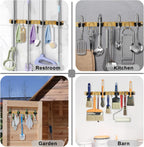 Mop Broom Holder Wall Mount, Gold Stainless Steel Tool Storage Organizer for Kitchen Garden Garage Laundry Room Bathroom and RV with 4 Slots 6 Hooks