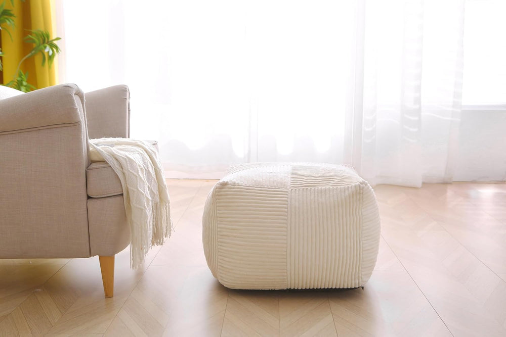 Corduroy Pouf Ottoman Foot Rest, Square Floor Pouf with Removable Cover, Soft...