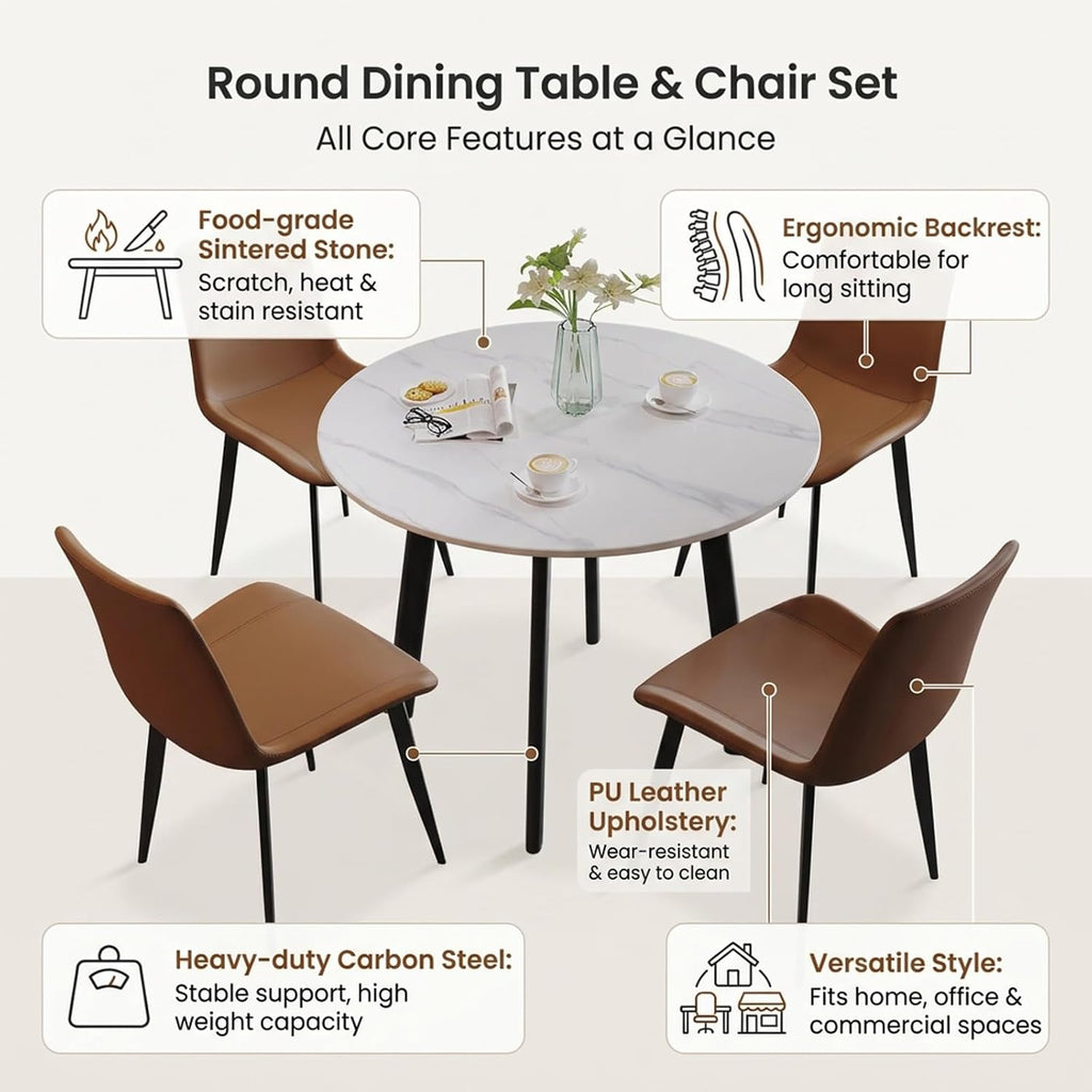 Round Dining Table Set for 4,Modern Kitchen Coffee Table Set | Comedor de 4 Sillas y Mesa,with 4 Upholstered Chairs,Small Dining Set,for Kitchen Dining Room Apartments.