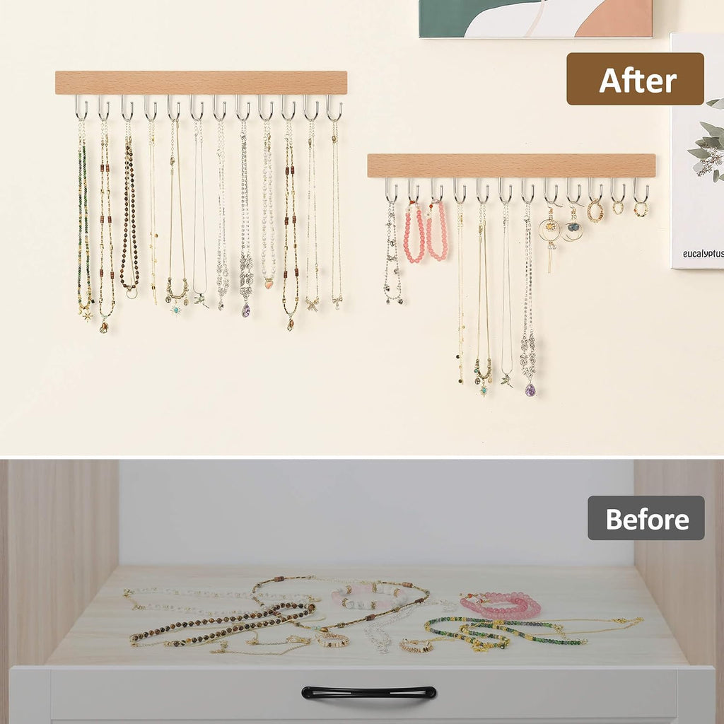 ZEDODIER 2 Pack Necklace Organizer Wall Mount, Wooden Jewelry Hanger Necklace Holder with 24 Hooks,Hanging Jewelry Organizer, Natural