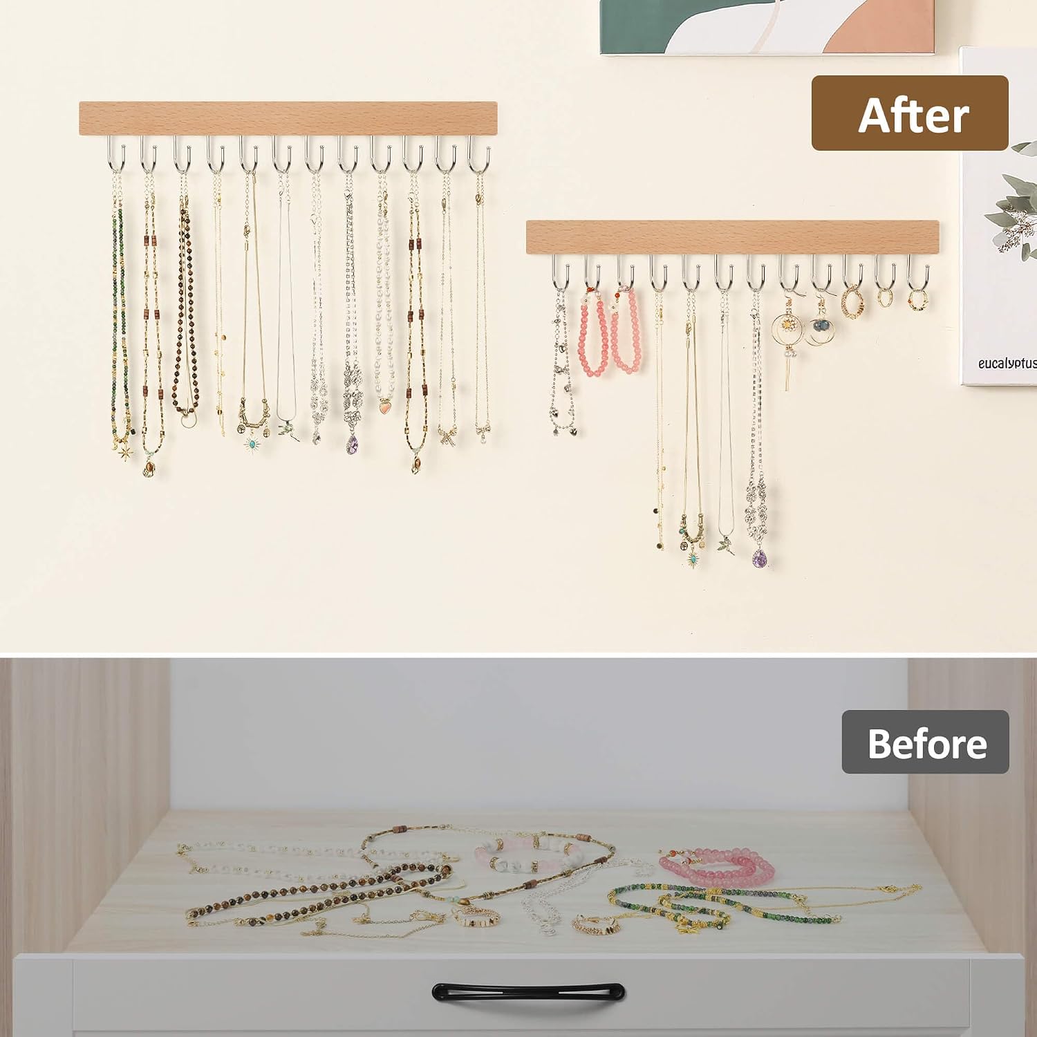 ZEDODIER 2 Pack Necklace Organizer Wall Mount, Wooden Jewelry Hanger Necklace Holder with 24 Hooks,Hanging Jewelry Organizer, Natural