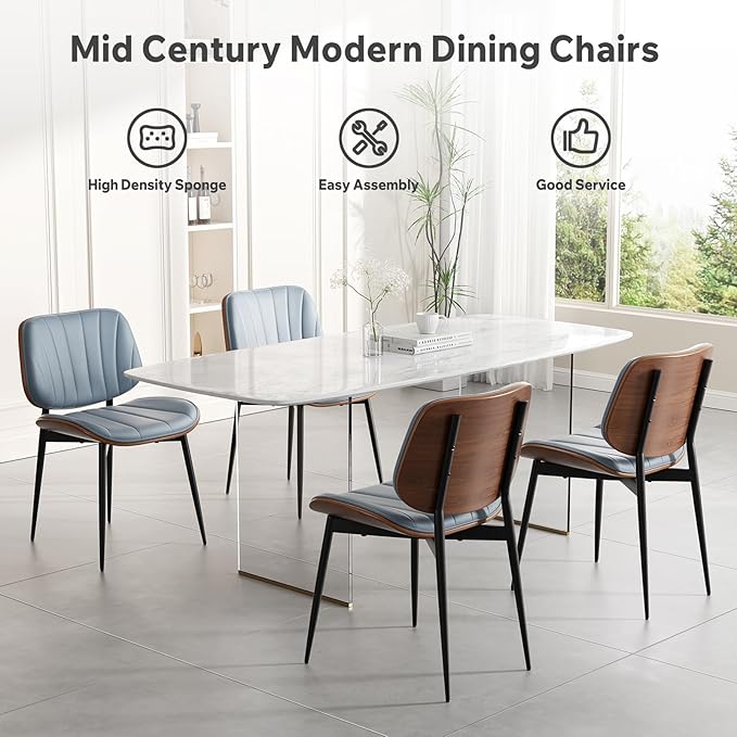 Dining Chairs Set of 2, Mid Century Modern Dining Room Chair, Upholstered Faux Leather Kitchen Chairs with Walnut Bentwood Back and Metal Legs for Kitchen Dining Room Living Room, Blue