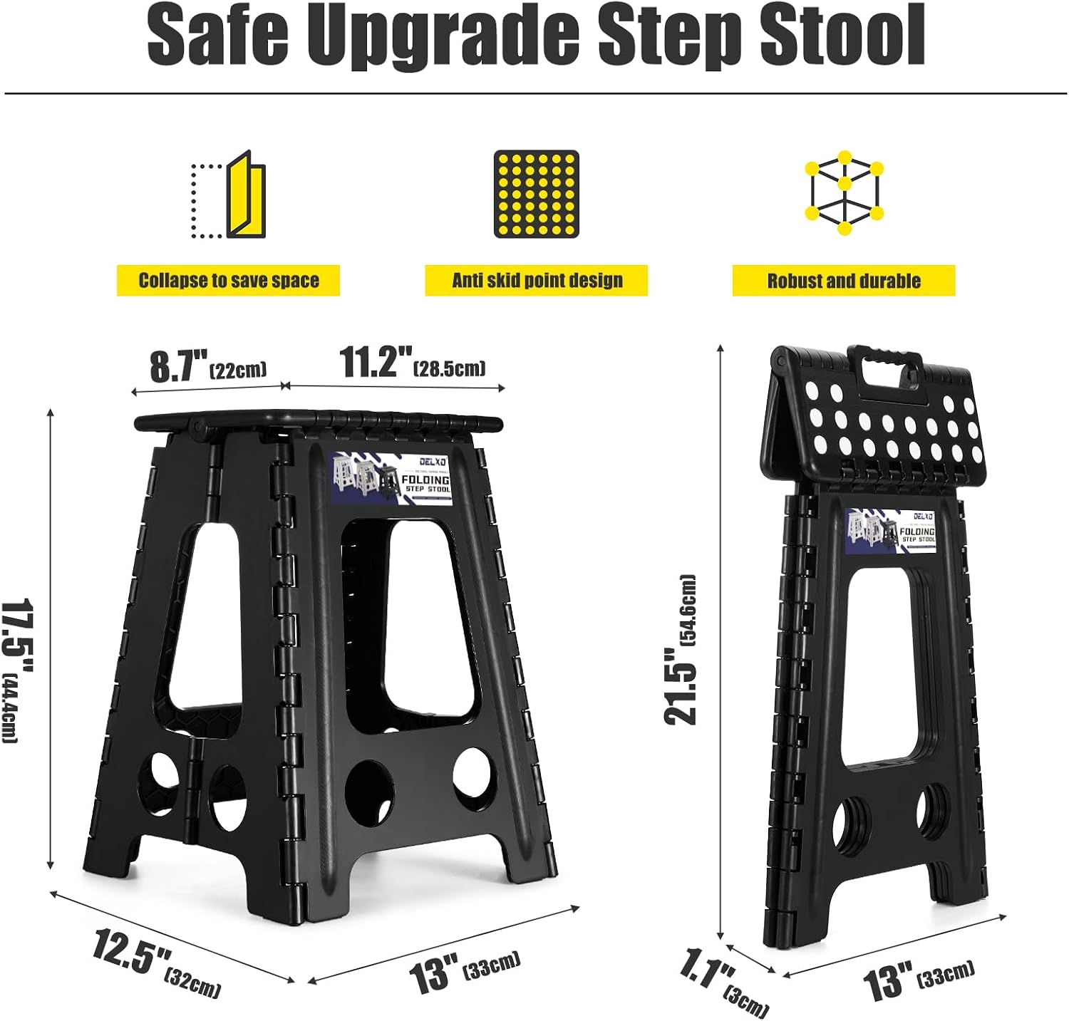 Delxo Folding Step Stool, Heavy Duty Foldable Stool for Adults,Premium Portable Collapsible Plastic Step Stool,Non Slip Folding Stools for Kitchen Bathroom Bedroom (16 inch+18 inch)