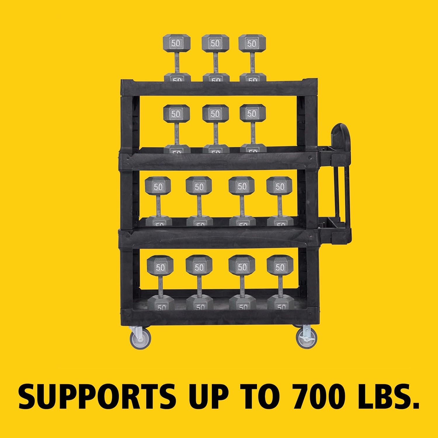 New Rubbermaid Commercial Products 4-Shelf Utility/Service Quad Cart, Heavy Duty Large, Lipped Shelf, Ergonomic Handle, 700 lbs. Capacity, for Warehouse/Garage/Cleaning/Manufacturing (2128657) Black