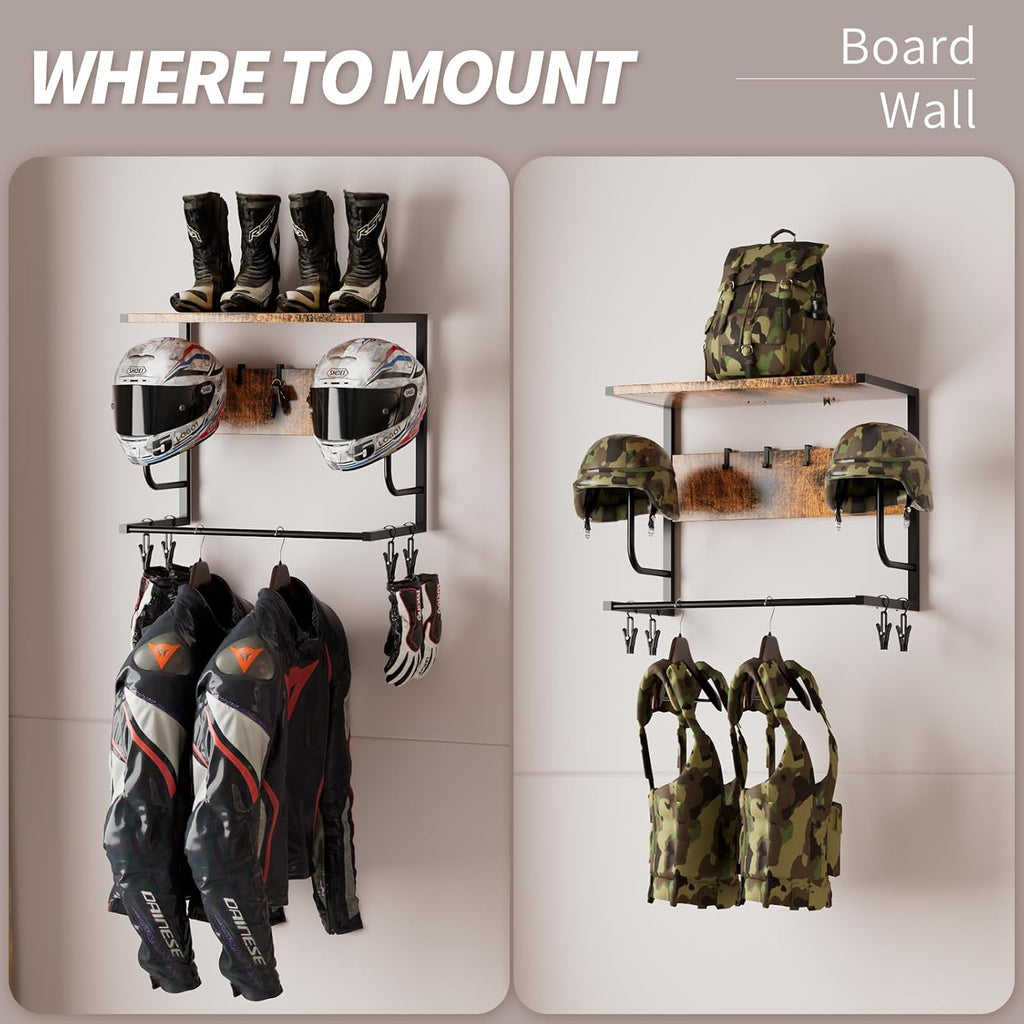 Motorcycle Helmet Holder Wall Mounted, Helmet Rack Wall Mount with Helmet Rack, 4 Glove Chips and 4 hooks, Rustic Helmets Holder and Motorcycle Helmets Racks for Most of Helmet and Clothes