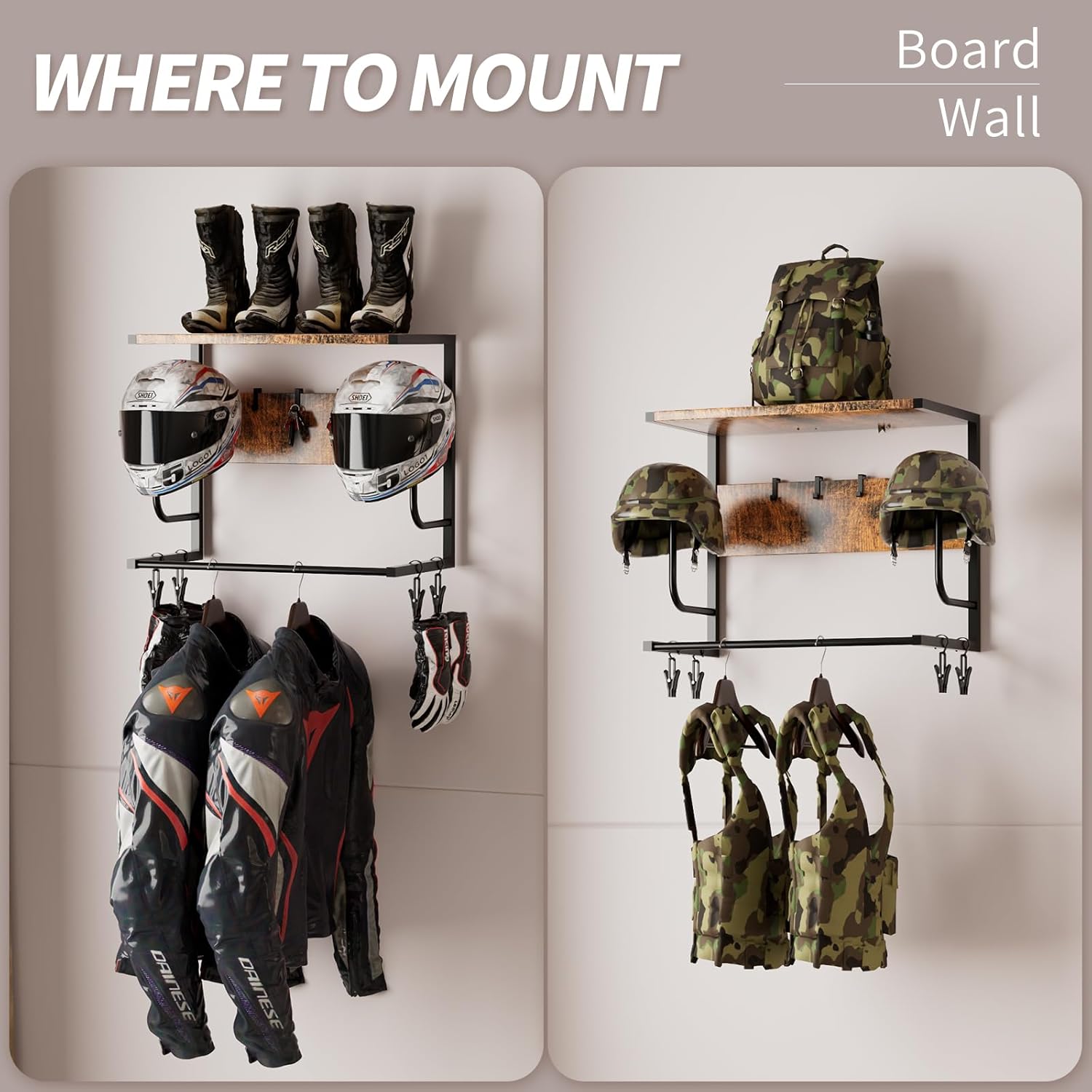 Motorcycle Helmet Holder Wall Mounted, Helmet Rack Wall Mount with Helmet Rack, 4 Glove Chips and 4 hooks, Rustic Helmets Holder and Motorcycle Helmets Racks for Most of Helmet and Clothes