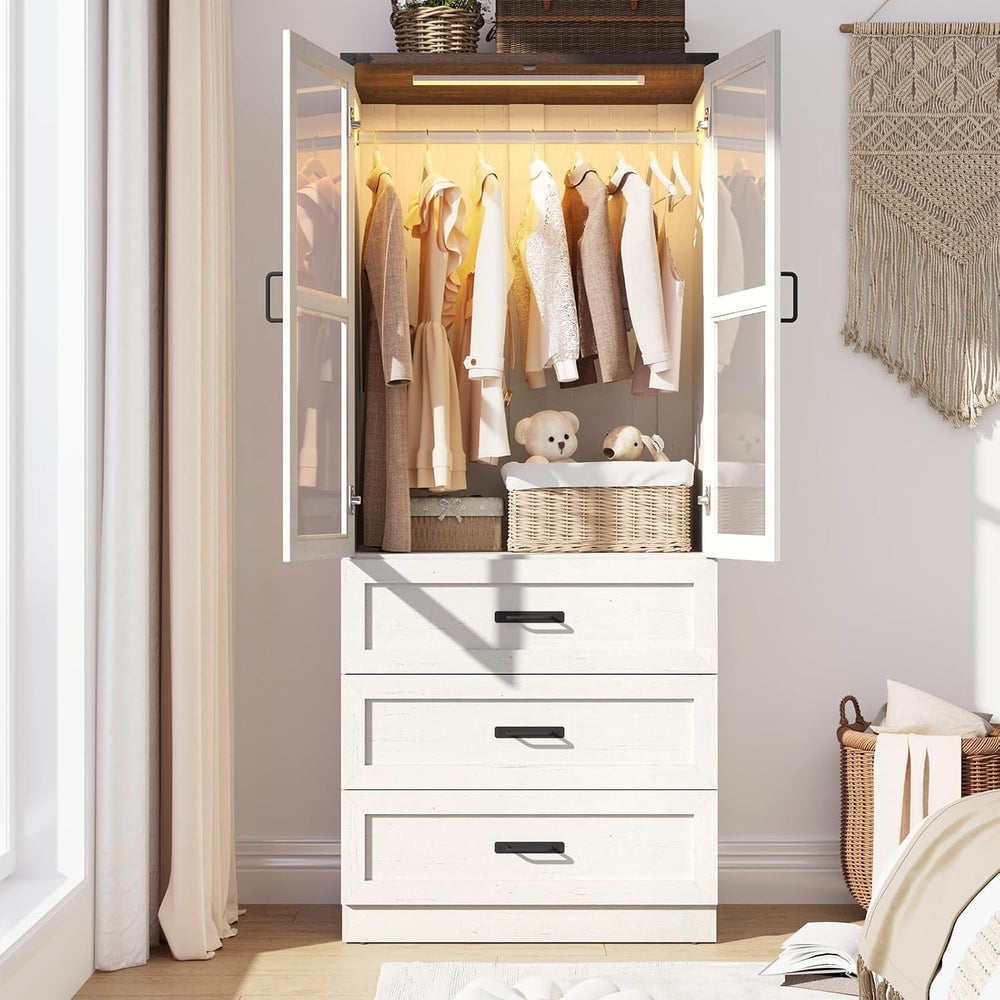 75" Tall Farmhouse 2 Doors Armoire Wardrobe Closet with 3 Drawers and LE...