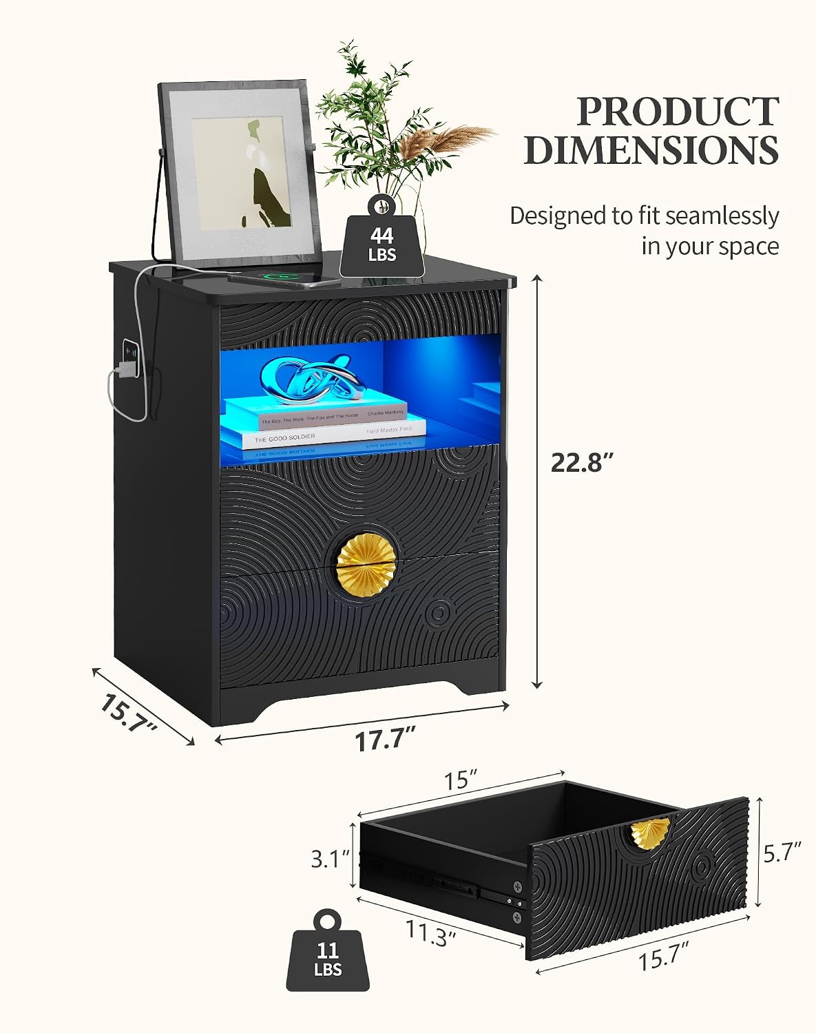 FREDEES LED Night Stand with Gun Drawer & LED Light | 3-Color Lights & Human Body Sensor, Smart Charger Station, 2 DrawersHidden Storage, End Table Bedroom Livingroom