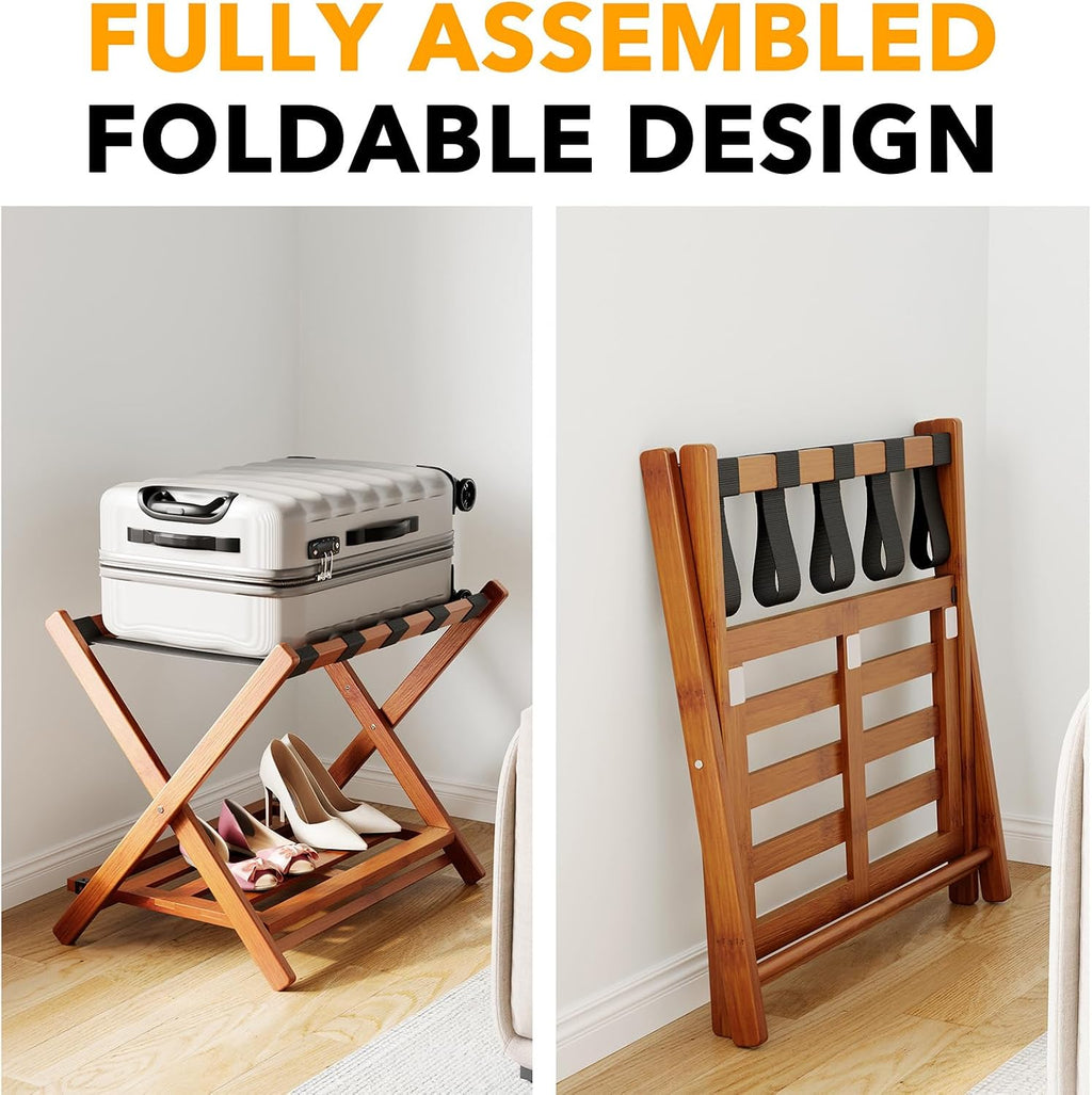 SpaceAid Fully Assembled Luggage Rack 2 Pack, Bamboo Foldable Suitcase Stand for Guest Room, Heavy Duty Folding Luggage Holder with Storage Shelf for Bedroom and Hotel, Walnut