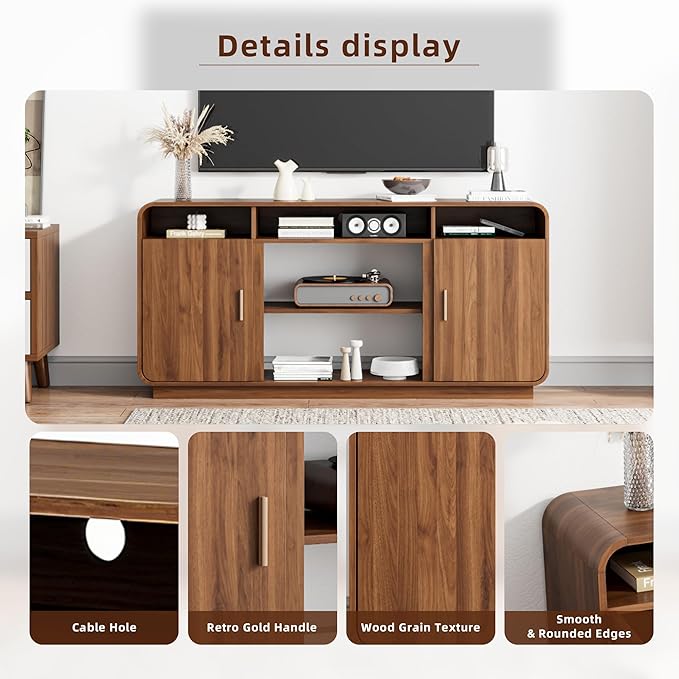 Mid Century Modern TV Stand for 65 Inch TVs, Entertainment Center with Storage Cabinets and Adjustable Shelves, Rustic Media TV Console Table for Living Room, Bedroom (Walnut)