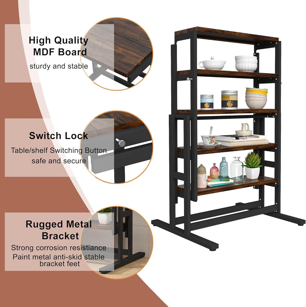 Convertible Dining Table, Multipurpose Mahogany Storage Shelf, 2 in 1 Bookshe...